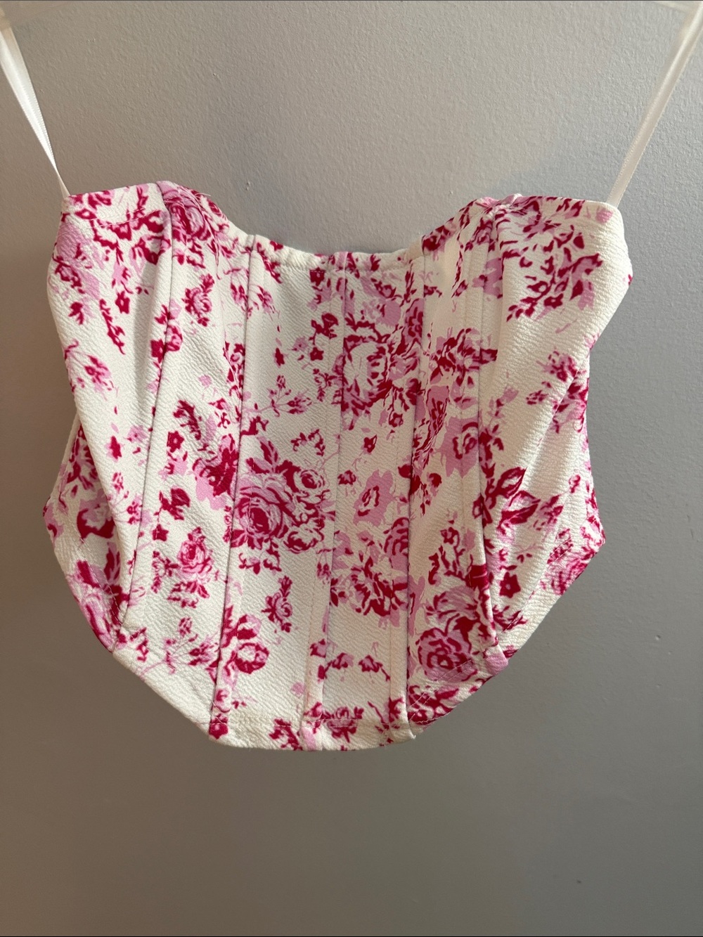 SHEIN White Floral Corset-Style Cami with Pink Print